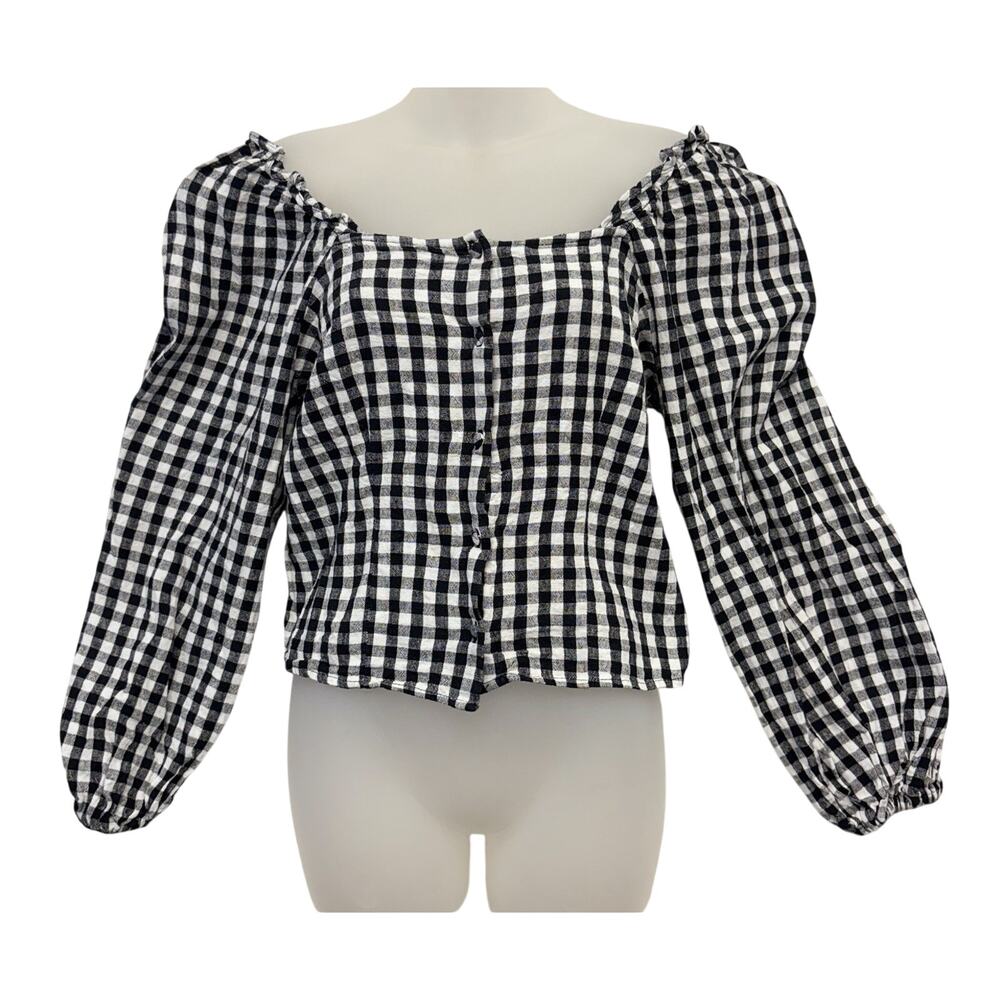 Gingham Crop Top Puff Sleeve Coquette Milkmaid Peasant Linen Smocked Top Size S